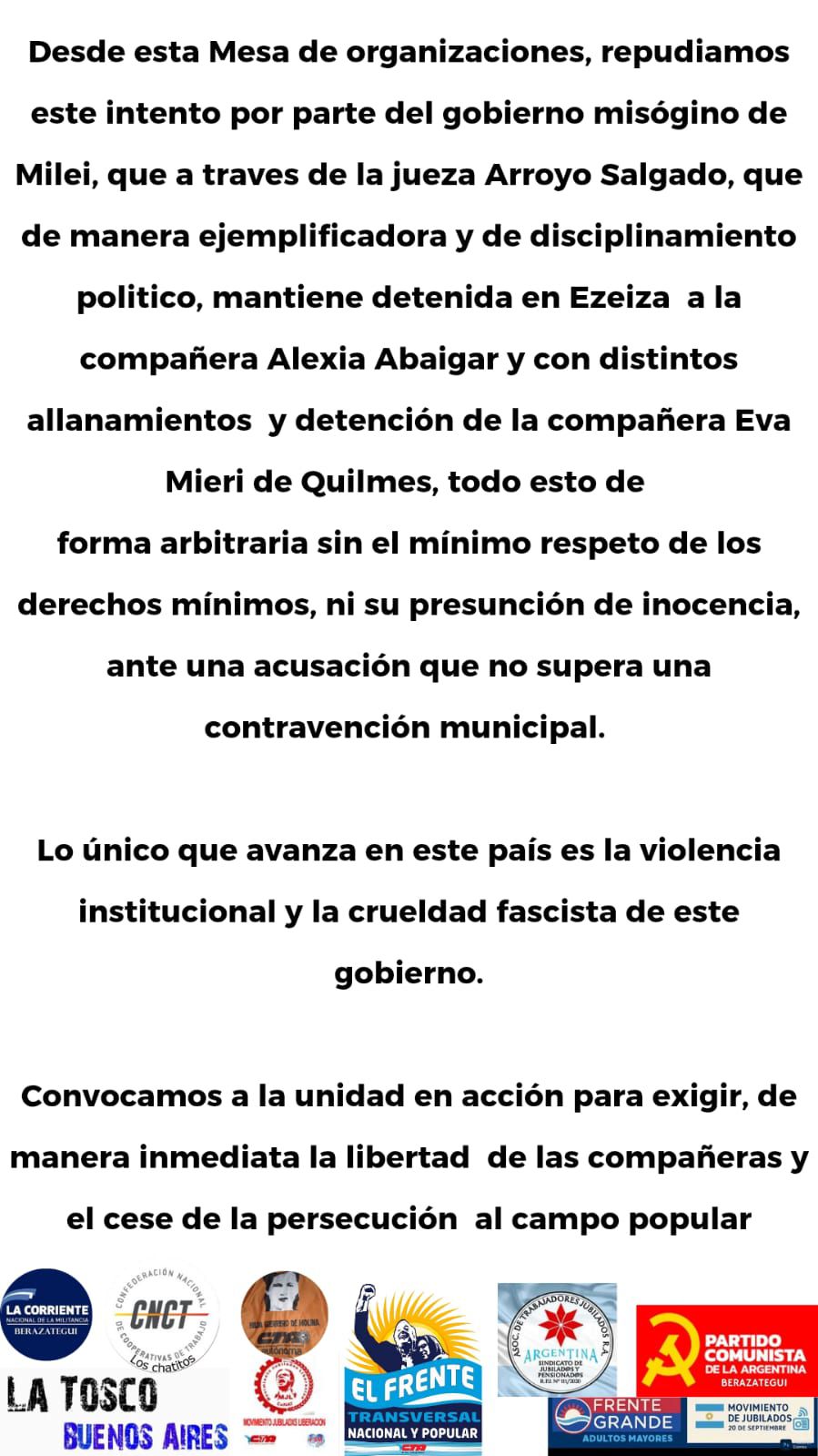 Organizaciones Sociales piden la liberación de referente y militantes del kirchnerismo