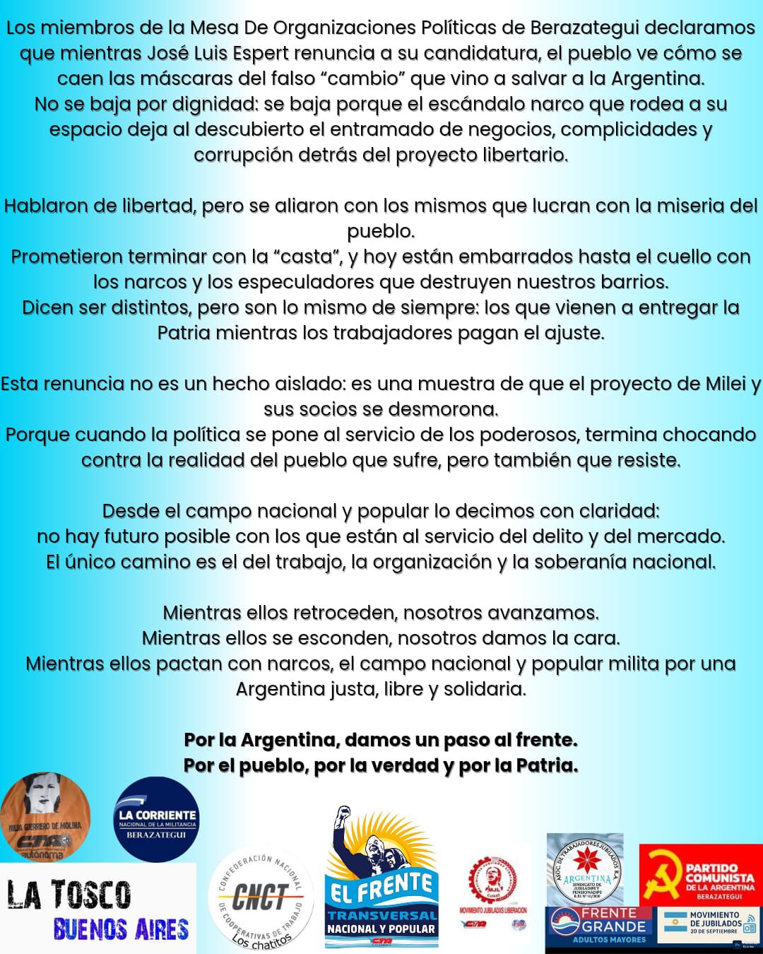 Declaración de La mesa de organizaciones políticas de Berazategui